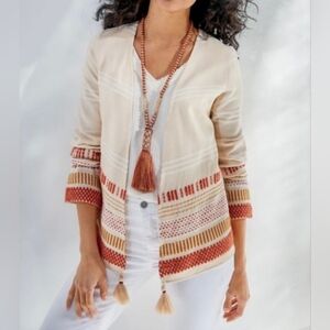 Soft Surroundings Embroidered Woven Stripe Duster Cardigan Size M 3/4 Sleeve